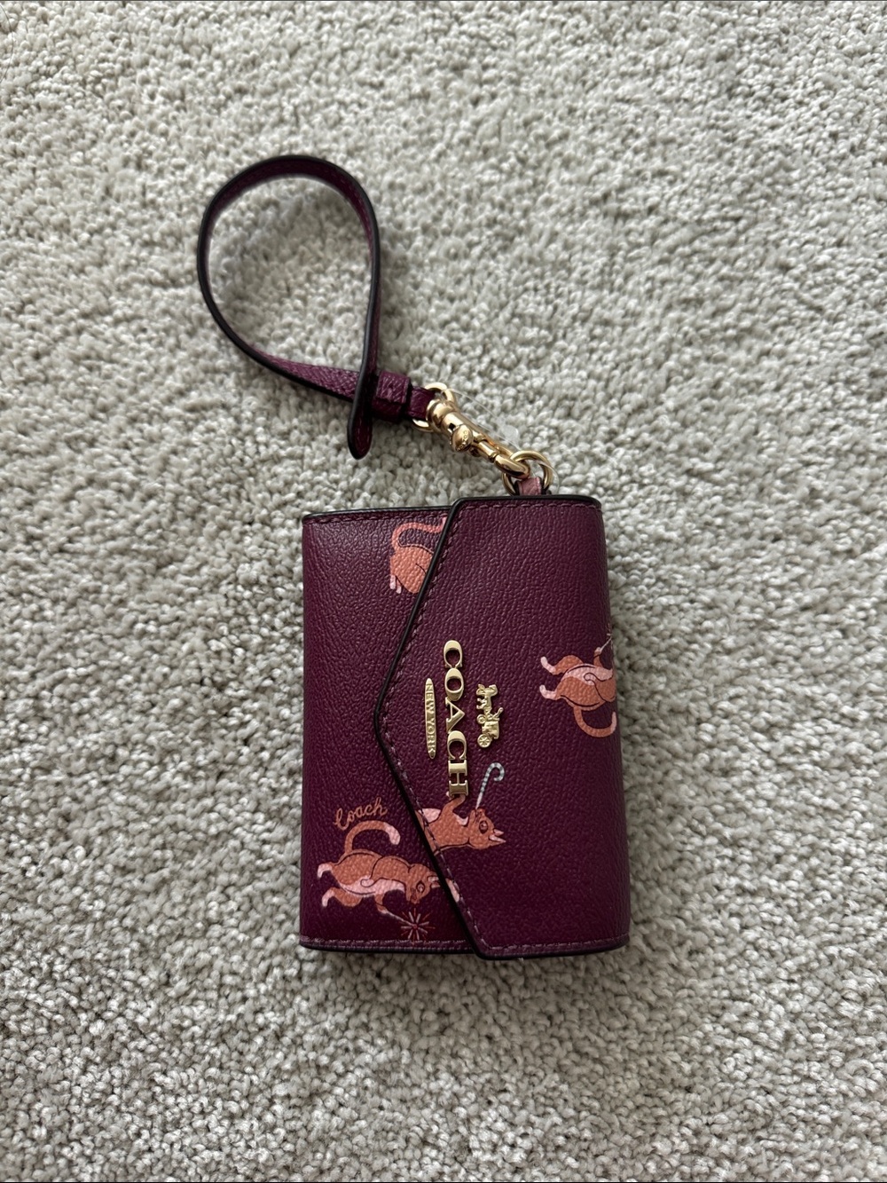Coach Burgundy Cat Print Wristlet Card Case